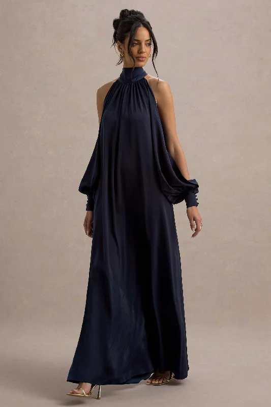 Off - the - shoulder wedding dresses with ruffled sleeves​ Strapless wedding guest dresses with rhinestone - studded bodices Baila | Navy Satin High-Neck Cape-Sleeve Maxi Dress