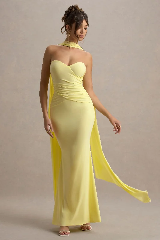 Ball gown style wedding dresses with sweetheart neckline​ A - line cocktail wedding guest dresses in pastel colors Rosabel | Lemon Sweetheart Maxi Dress With Sash