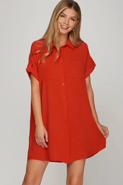 Mini dresses with pleated skirts for a classic look Red Short Sleeve Shirt Dress