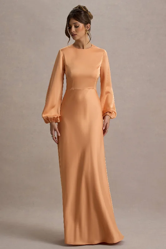 Appliqued wedding dresses with 3D floral designs​ Sheer wedding guest dresses with lace inserts and long sleeves Crawley | Peach Satin Puff-Sleeve Maxi Dress