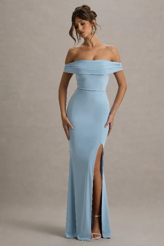 Wedding dresses with a dropped waist for a retro style​ Animal - print wedding guest dresses in subtle colors for a bold statement Law of Attraction | Powder Blue Bardot Draped Split Maxi Dress