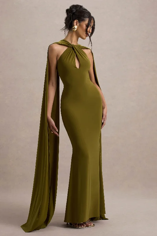 Princess - style wedding dresses with a full skirt​ Wedding guest dresses with cold - shoulder designs and solid colors Rhoda | Green Twist Halter-Neck Cape Maxi Dress