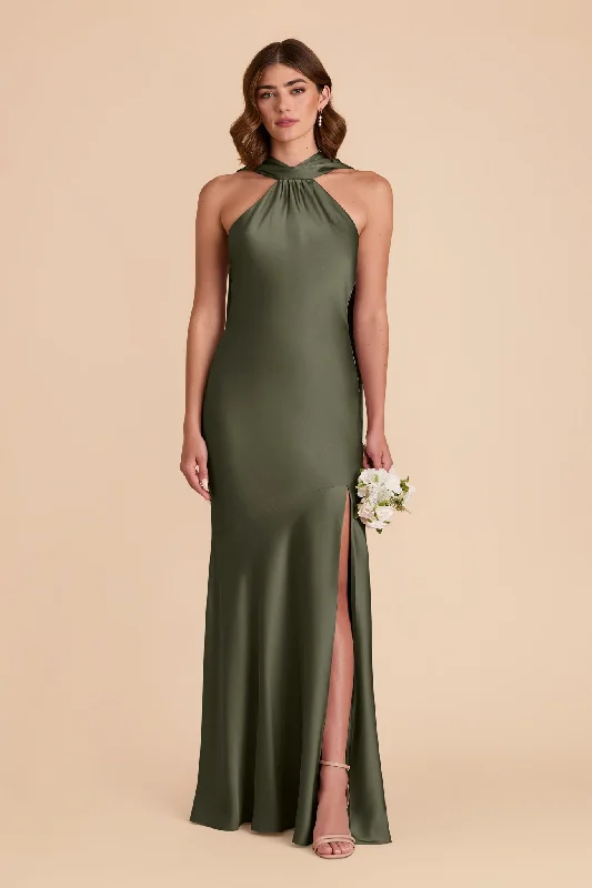 Maternity dress for a baby's first visit to the theater Eileen Matte Satin Dress - Olive
