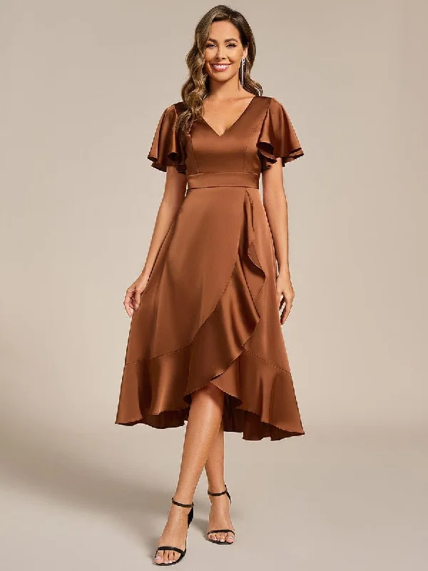 Appliqued wedding dresses with 3D floral designs​ Sheer wedding guest dresses with lace inserts and long sleeves ever SAIGE|V-Neck Satin Midi Wedding Guest Dress with Ruffled Skirt