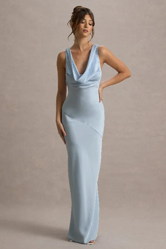 Chiffon and tulle combination wedding dresses​ Geometric - printed wedding guest dresses for a modern wedding Alesso | Powder Blue Satin Cowl-Neck Maxi Dress