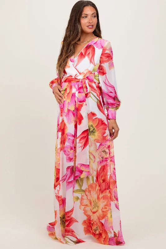 Maternity dress for a baby's dedication Red Floral Chiffon Long Sleeve Maternity Maxi Dress