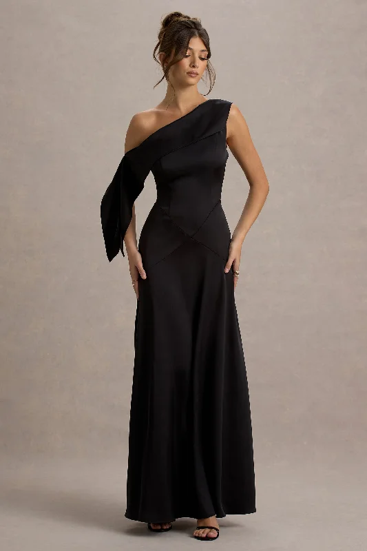 Cathedral train wedding dresses for a grand entrance​ Cotton wedding guest dresses with smocked details for a casual wedding Nicola | Black Satin Asymmetric Bardot Draped Maxi Dress