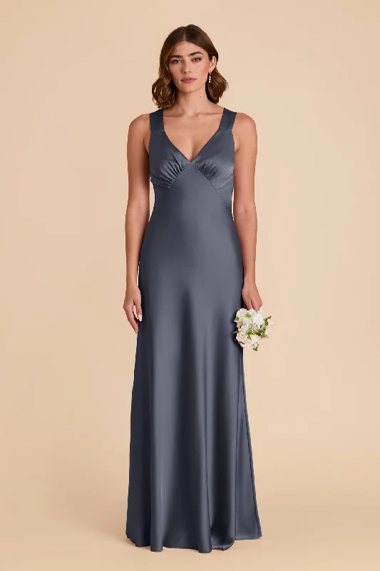 Short sleeve maternity sundress for summer Veronica Matte Satin Dress - Dusk Blue