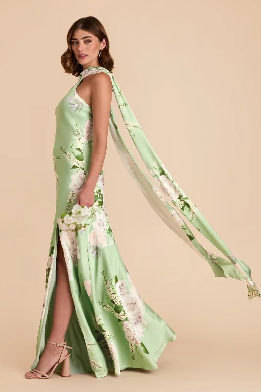Maternity dress for a picnic in the park Eileen Matte Satin Dress - Pistachio Garden Bloom
