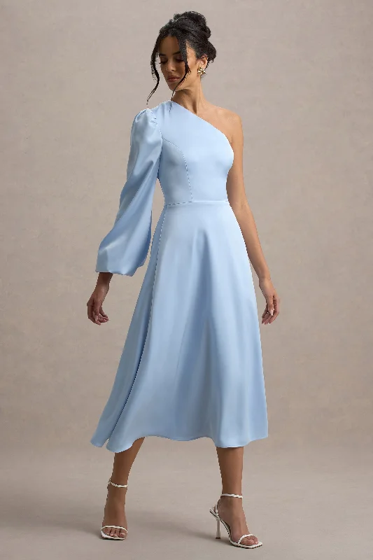 Wedding dresses with a corseted bodice for a cinched waist​ Satin wedding guest dresses with side slits for a sexy touch Haila | Powder Blue Satin One-Shoulder Maxi Dress