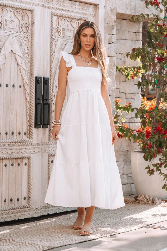 Appliqued wedding dresses with 3D floral designs​ Sheer wedding guest dresses with lace inserts and long sleeves White Ruffle Sleeve Smock Tiered Midi Dress