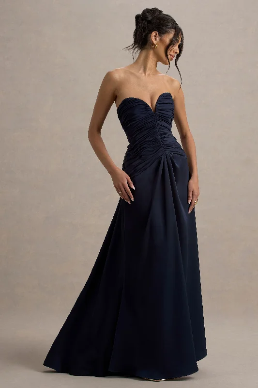 Chiffon and tulle combination wedding dresses​ Geometric - printed wedding guest dresses for a modern wedding Desirie | Navy Satin Sweetheart Gathered Maxi Dress