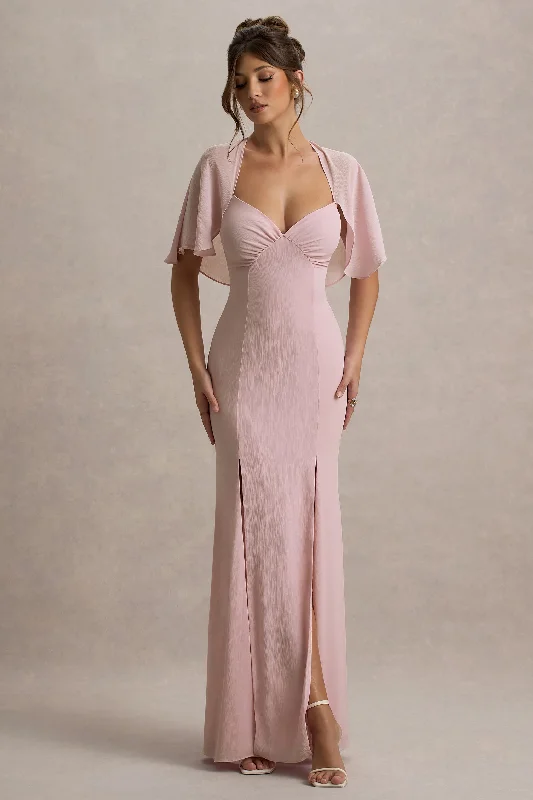 Princess - style wedding dresses with a full skirt​ Wedding guest dresses with cold - shoulder designs and solid colors Stila | Pale Pink Plunge-Neck Maxi Dress With High Front Split