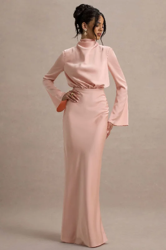 Halter - neck wedding dresses with a unique neckline​ Bow - backed wedding guest dresses in silk for a luxurious feel Celina | Light Pink Satin High-Neck Maxi Dress