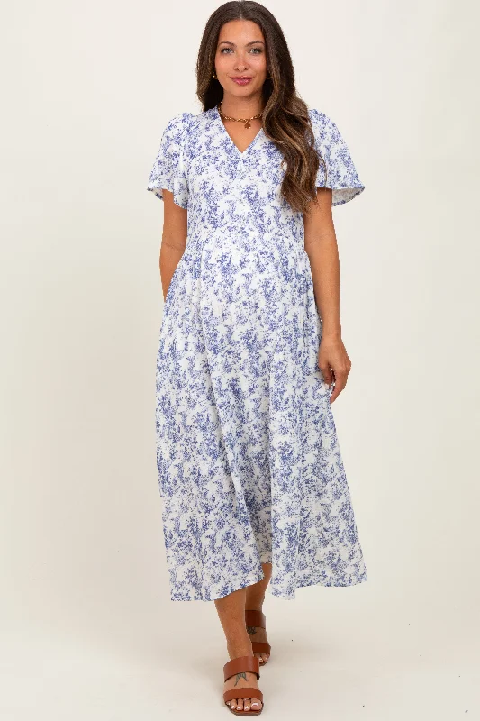 Maternity shift dress for casual outings Blue Floral Button Up Tiered Maternity Midi Dress