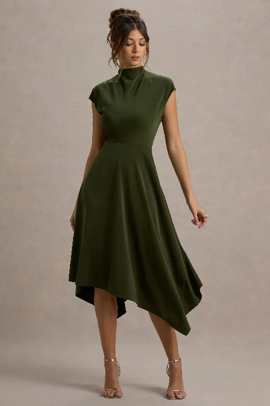 High - low hem wedding dresses for a trendy twist​ Lace - trimmed wedding guest dresses in blush pink Velma | Olive Satin Midi Dress With Draped Hem