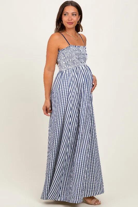 Maternity dress for a New Year's Eve celebration Navy Striped Sleeveless Smocked Poplin Maternity Maxi Dress