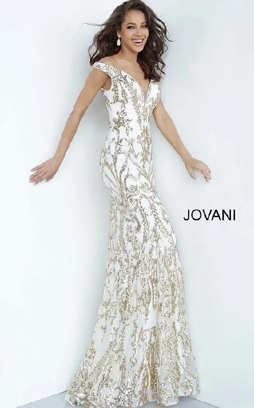Maternity dress for a baby's first visit to the sensory garden Jovani 63349 Prom Long Off Shoulder Metallic Dress