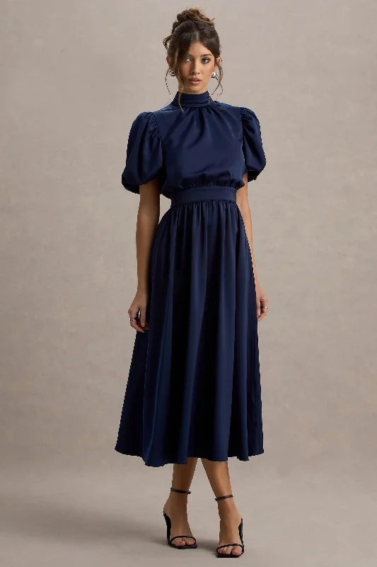 Empire - line wedding dresses with a ruffled skirt​ Wedding guest dresses with pom - pom trims for a playful look Persea | Navy Satin Puff-Sleeve Midi Dress With Bow