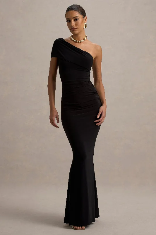 Wedding dresses with a detachable skirt for versatility​ Mini wedding guest dresses with glittery accents for a trendy look Alethea | Black Asymmetric Bardot Maxi Dress