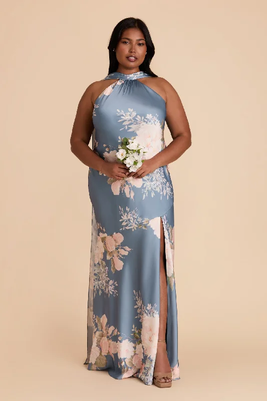 V neck maternity bodycon dress for photoshoot Eileen Matte Satin Dress - Dusty Blue Romantic Bouquet