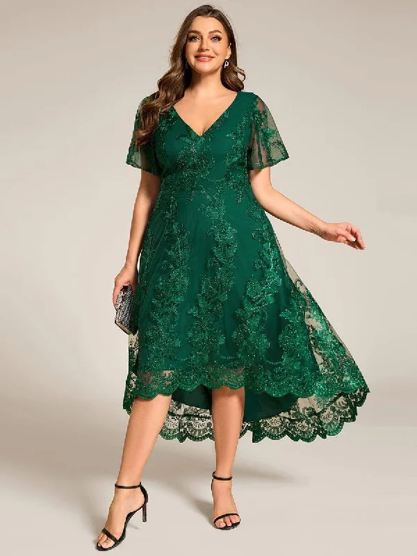 Ballroom - ready wedding dresses with a large skirt​ Lace - and - tulle wedding guest dresses with sweetheart necklines pretty TIDAL|Plus Size Short Sleeves Embroidered Mesh A-Line V-Neck Midi Wedding Guest Dress
