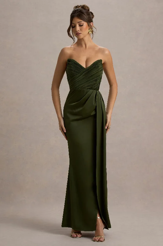 One - shoulder wedding dresses with a flowing sleeve​ Polka - dot - printed wedding guest dresses with short sleeves Edel | Olive Satin Strapless Maxi Dress With Drape