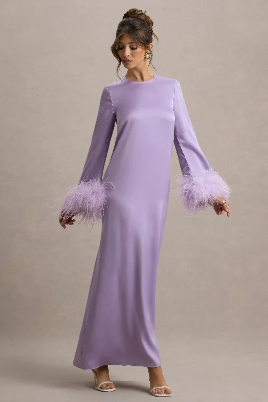 Wedding dresses with a ruched bodice for a textured look Wedding guest dresses with cold - shoulder ruffled sleeves and knee - length hems Adella | Lilac Satin Feather-Trim Maxi Dress