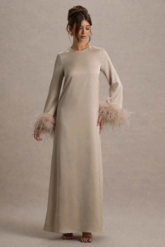 Empire waist wedding dresses with beaded bodices​ Wrap - style wedding guest dresses with bow accents Adella | Champagne Satin Feather-Trim Maxi Dress