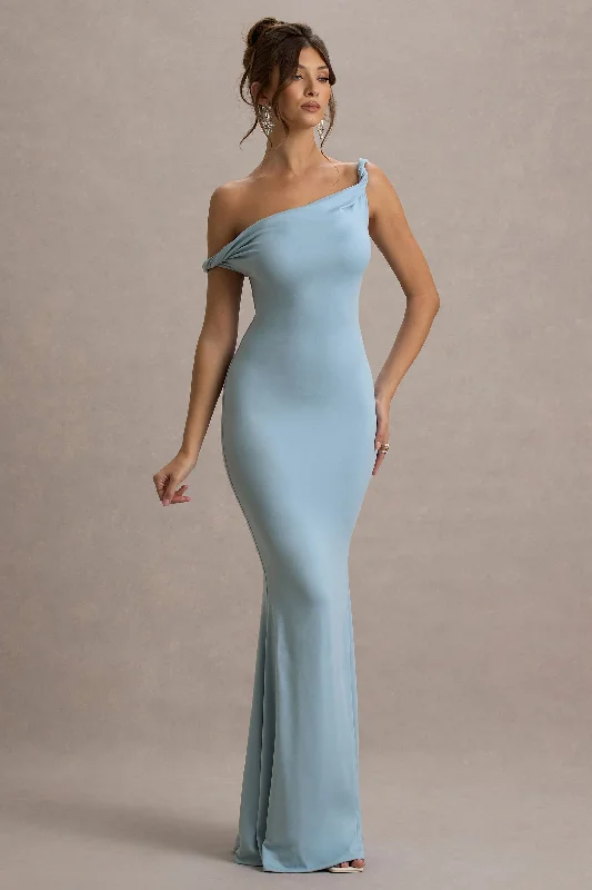 Wedding dresses with a ruched bodice for a textured look Wedding guest dresses with cold - shoulder ruffled sleeves and knee - length hems Lita | Powder Blue Twisted Asymmetric Maxi Dress