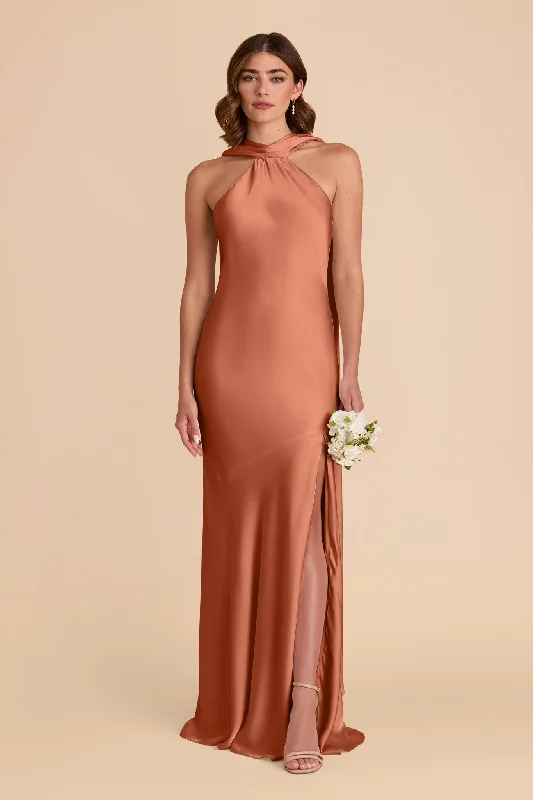 Maternity dress for a baby's first visit to the park playground Eileen Matte Satin Dress - Terracotta