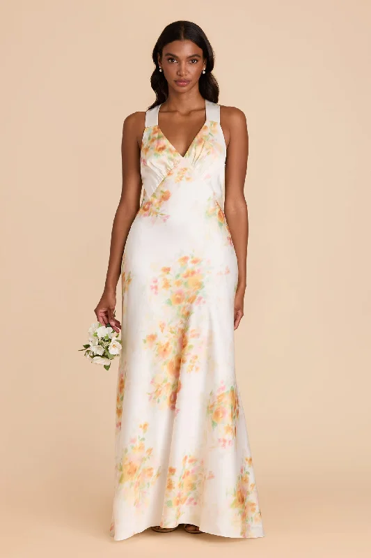 Maternity dress for a baby's first train journey Veronica Matte Satin Dress - White Blurred Floral