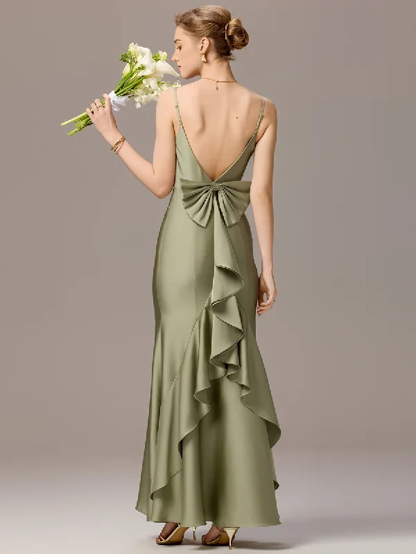 Sleeveless wedding dresses with a beaded belt​ Wedding guest dresses with ruched bodices and spaghetti straps Mermaid Bow Stretch Satin Maxi Bridesmaid Dress