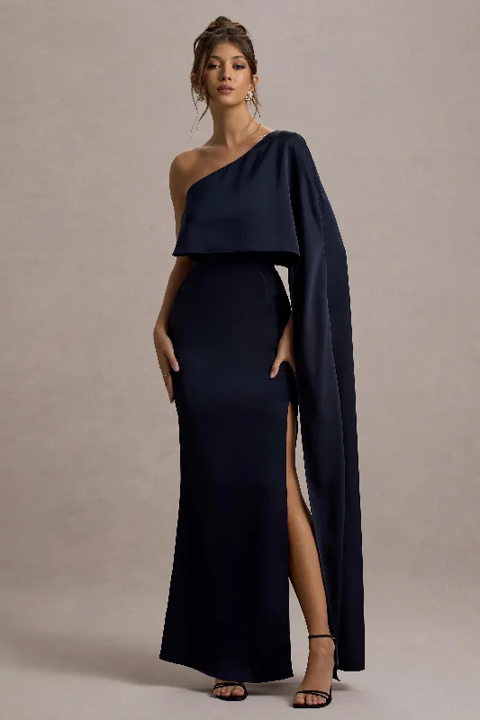 Vintage - themed wedding dresses with pearl accents​ Tea - length wedding guest dresses with polka dot patterns Amora | Navy Satin Asymmetric Cape-Sleeve Split Maxi Dress