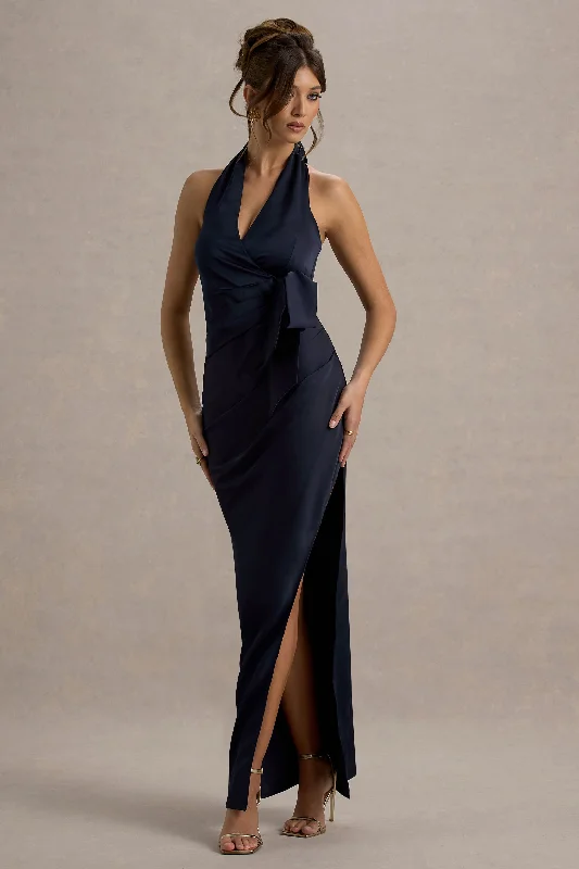 Cathedral train wedding dresses for a grand entrance​ Cotton wedding guest dresses with smocked details for a casual wedding Santorini | Navy Satin Plunge-Neck Wrap Maxi Dress