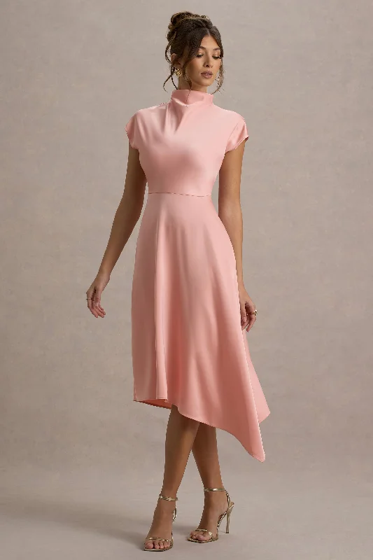 Beach - friendly wedding dresses made of lightweight fabric​ Embroidered wedding guest dresses in earthy tones for a rustic wedding Velma | Light Pink Satin Midi Dress With Draped Hem
