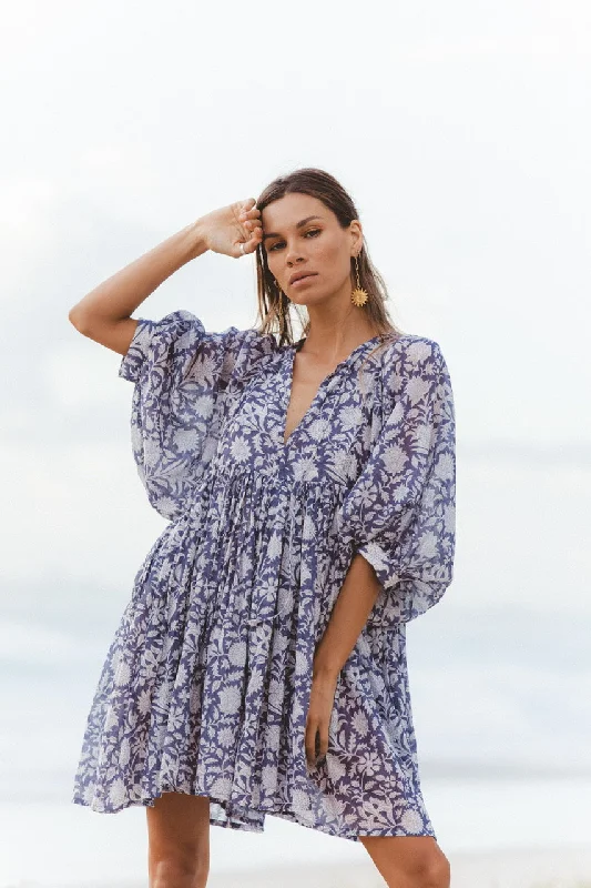 Mini dresses with geometric prints for a modern aesthetic Kyra Mini Dress ~ Blue Iris