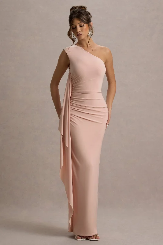 Beach - friendly wedding dresses made of lightweight fabric​ Embroidered wedding guest dresses in earthy tones for a rustic wedding Adelina | Pink One-Shoulder Maxi Dress With Drape