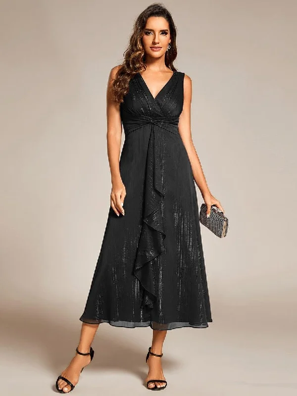 Wedding dresses with a ruched bodice for a textured look Wedding guest dresses with cold - shoulder ruffled sleeves and knee - length hems ever MEI|Glitter Sleeveless A-Line Midi Wedding Guest Dress with Ruffled Hem