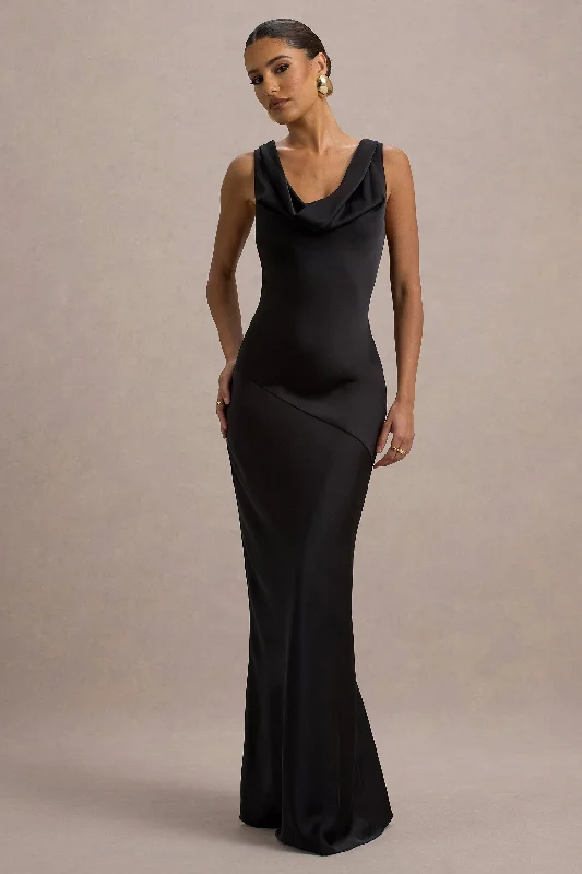 Wedding dresses with a belt made of crystals​ Sleeveless wedding guest dresses with pleated bodices Alesso | Black Satin Cowl-Neck Maxi Dress