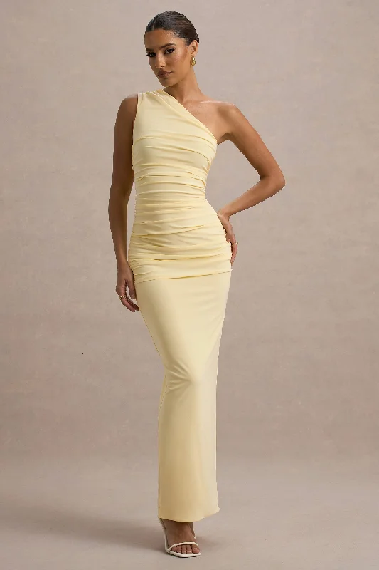 Embroidered wedding dresses with metallic threads​ Halter - neck wedding guest dresses with beaded straps Dalarie | Lemon One-Shoulder Gathered Maxi Dress