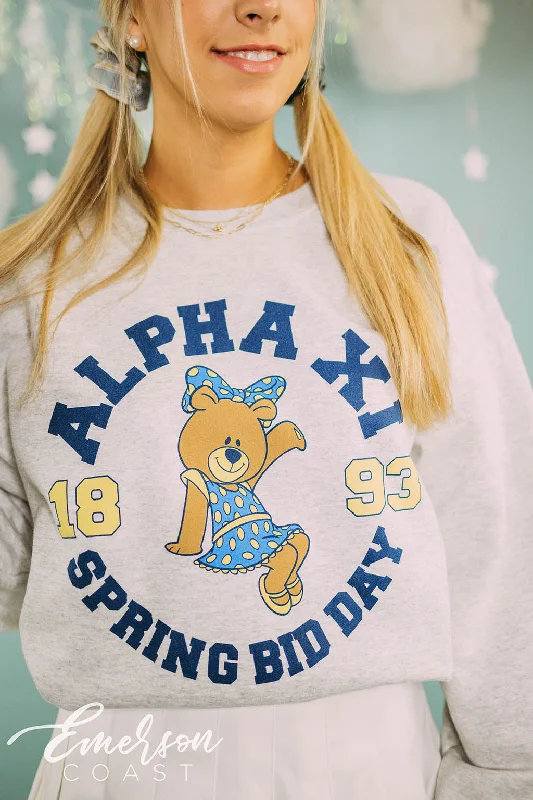 Distressed Women T Shirt with a Laid - Back AestheticAlpha Xi Bear Spring Bid Day Sweatshirt