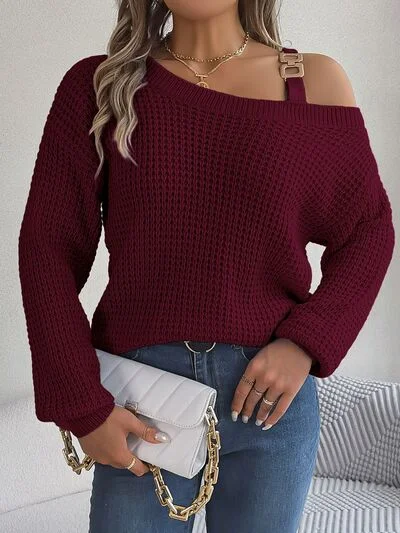 Chunky Knit Women Sweater for Winter WarmthAsymmetrical Neck Long Sleeve Sweater