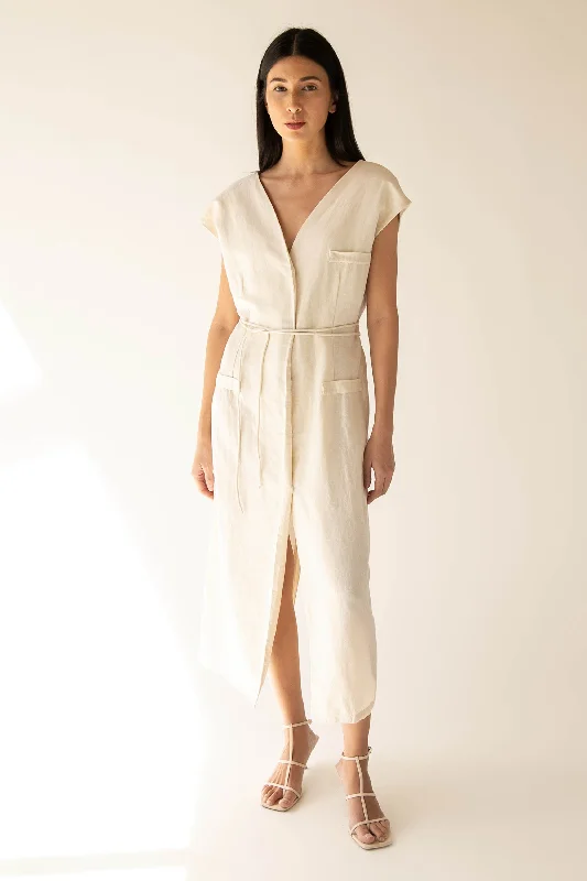 Cropped Women Sweater to Pair with High - Waisted BottomsLINEN BLEND BUTTON UP MIDI DRESS