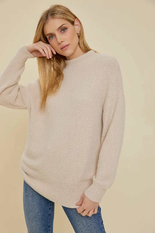 Color - Blocked Women Sweater for a Bold Fashion StatementBeige Fuzzy Knit Mock Neck Sweater