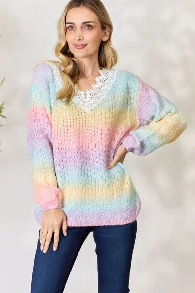 Floral Print Women Sweater for a Feminine AppealBiBi Rainbow Gradient Crochet Deetail Sweater