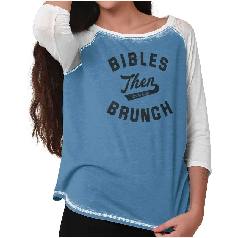 Crop Top Women T Shirt to Pair with High - Waisted BottomsBibles Then Brunch Baseball Raglan T