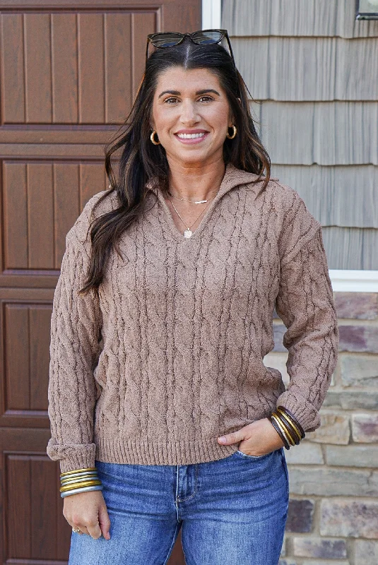 V - Neck Women Sweater to Elongate the NecklineCable Knit Perfection Mocha Sweater