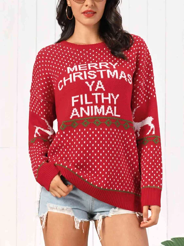 V - Neck Women Sweater to Elongate the NecklineChristmas Element Round Neck Sweater