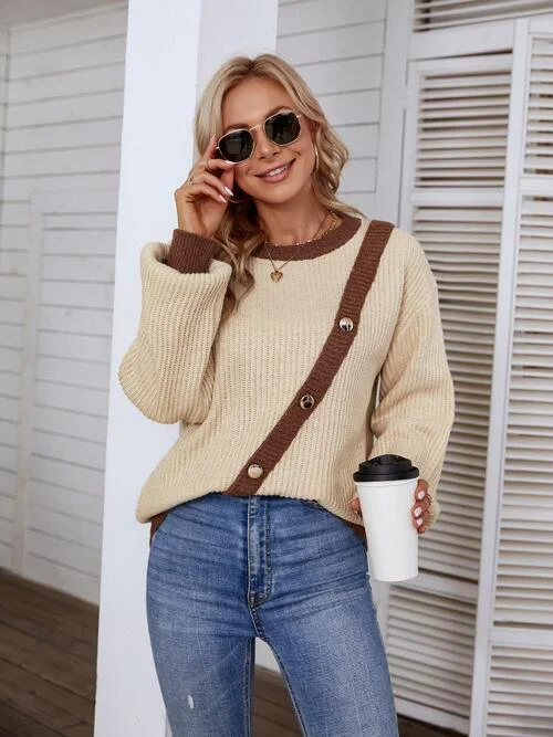 Cashmere Women Sweater with a Luxurious Soft TouchDecorative Button Round Neck Sweater